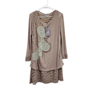 Pretty Angel Women's Linen Blend Lagenlook Lace Detailing Mini Dress - M